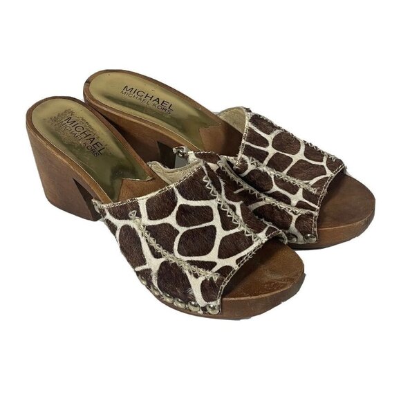Michael Kors Womens Sandals Brown 7 Fur Giraffe Platform Wooden Block Heels 70s - Picture 1 of 10